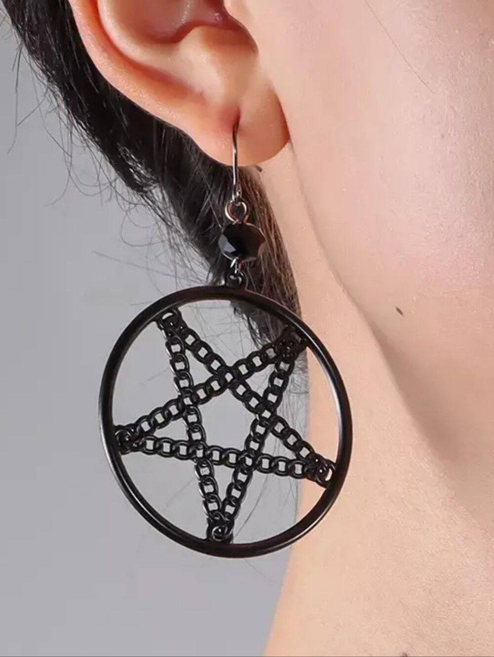 NWT Handmade Dangly Goth Alt Black Chain Pentagram Drop Earrings